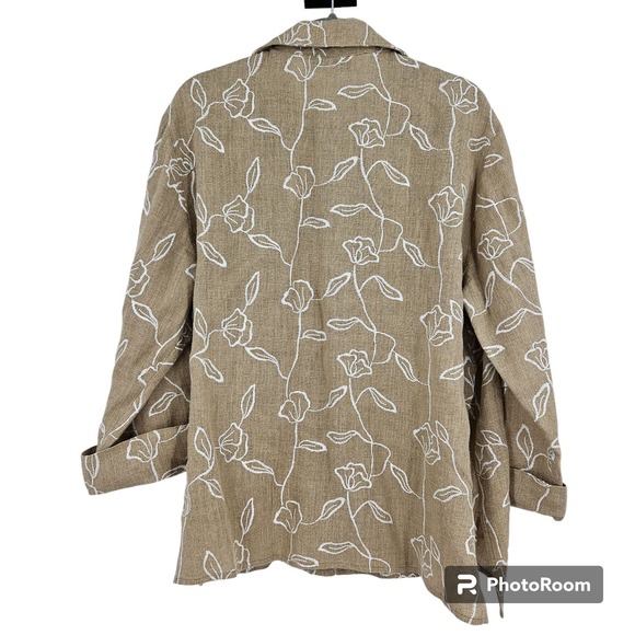 Caroline Rose Cardigan Brown Linen Floral Embroidered Collared Open Front Size L - Picture 5 of 5